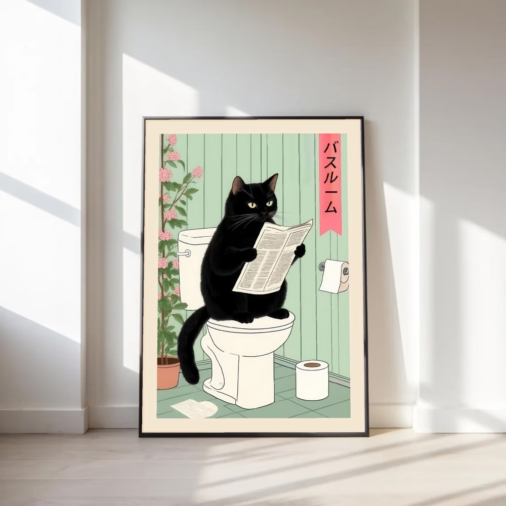 Home Decor Cat - モダン、レトロな興味深いトイレ猫ウォールアートプリントキャンバス絵画ポスター写真リビングルーム、寝室の家の装飾用