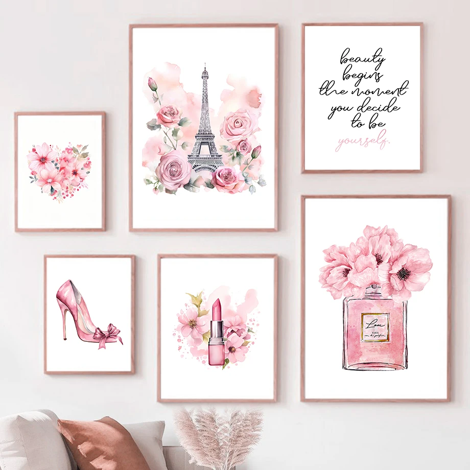 Home Decor Japandi - パリファッションアートポスターピンクエッフェル塔香水瓶壁アートキャンバス絵画北欧ポスターホームリビングルームの装飾