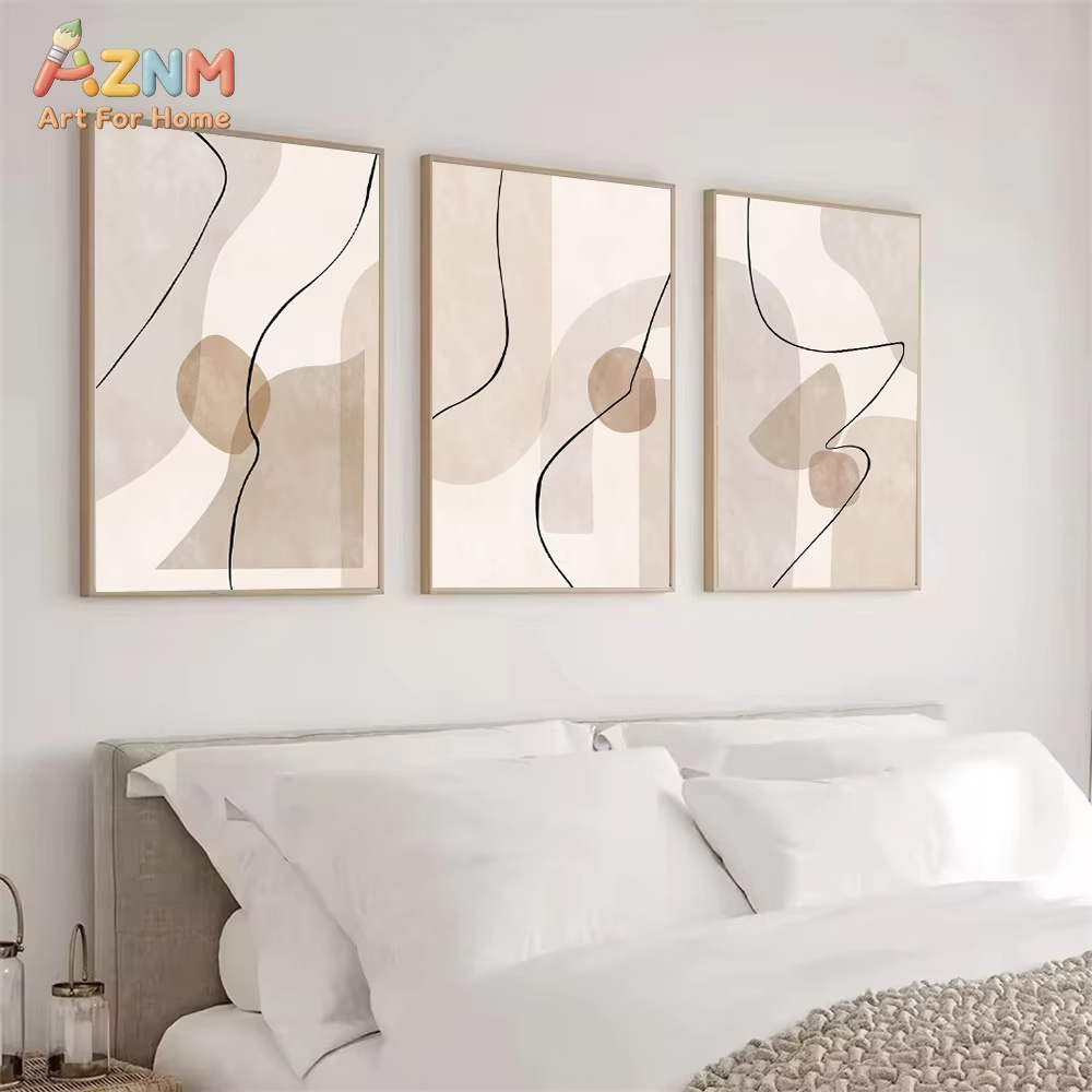 Home Decor Design Interior - 抽象的なベージュの幾何学模様のラインウォールアートキャンバス絵画、ボヘミアンポスターとプリント、モダンなリビングルームインテリア、家の装飾