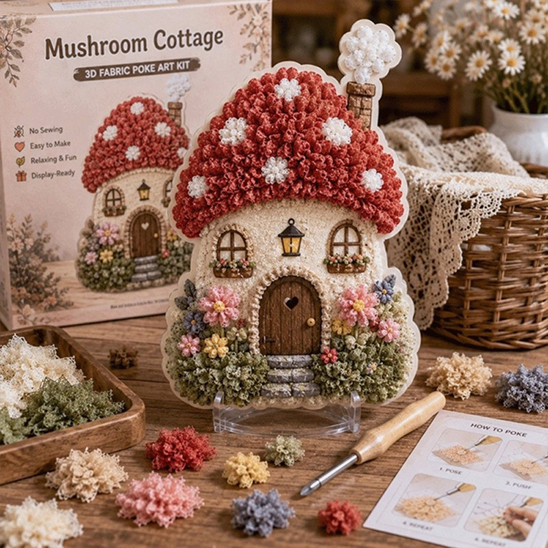 Yarn Home Decor - ファンタジーな村の3Dファブリックポケアートキット 花柄キノココテージ DIY手作り糸かぎ針編み織り工芸品 ホームデコレーションギフト