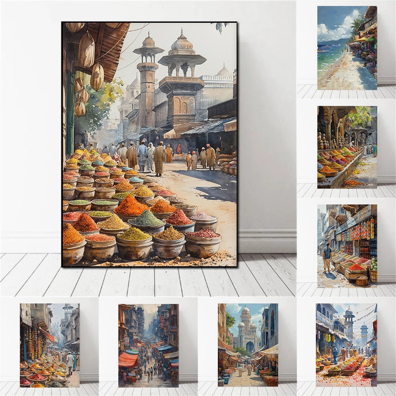 Home Decor Karachi - カラチラホールパキスタンストリートマーケット水彩画ベンガル文化壁アートポスターキャンバスプリント南アジア家の装飾