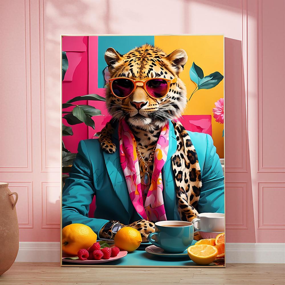 Home Decor Dopamine - ヒョウ柄コーヒーHDウォールアートポスター カラフルな動物絵画 ドーパミン装飾 モダンなリビングルーム ベッドルーム ホームギフト