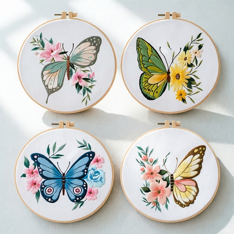 Home Decor Diy - 1個 20X20CM 7.87インチ 刺繍蝶キット 初心者向けDIYホームデコレーション手芸用生地、糸、針、枠付き