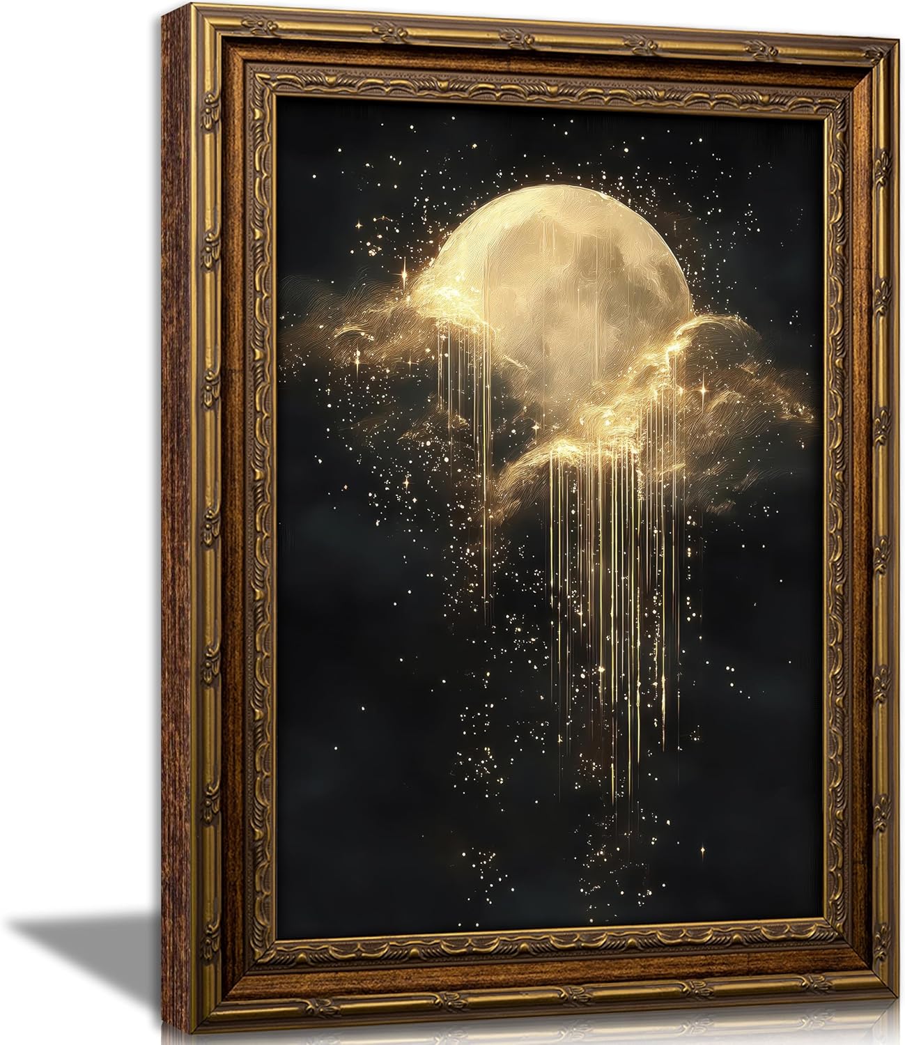 Geometric Wall Art - アンティークフレームの天体キャンバスウォールアート、金色の月と星空のキャンバス絵画、レトロなダークスタイルの寝室の壁飾り
