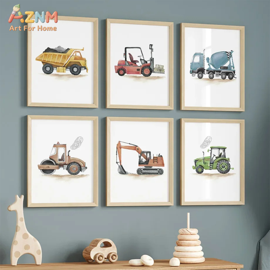 Home Decor Japandi - 6枚入り 北欧モダン風 漫画風 カーエンジニアリング車両 ショベルカー 部屋