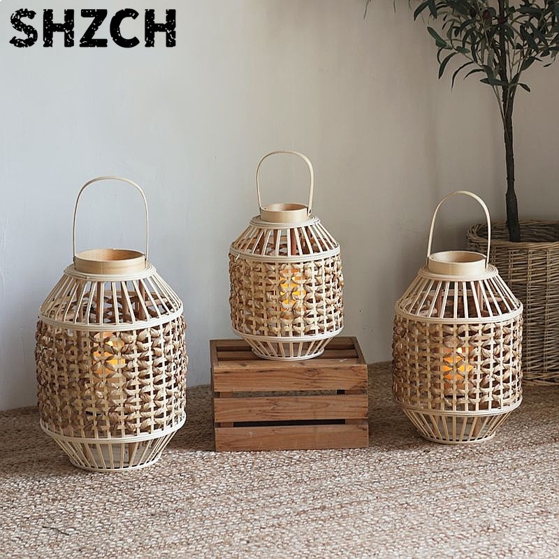 Flooring Home Decor - レトロな中国古代風の藁製風ランプ、卓上/床置きキャンドルスティックランタン装飾