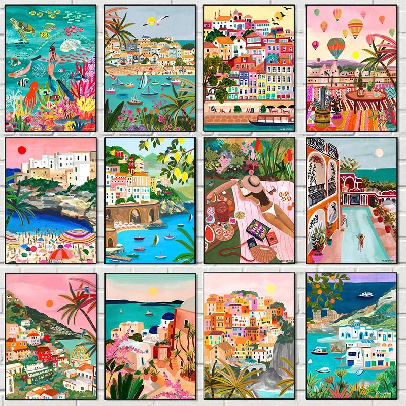 Home Decor Bali - ワールドトラベラー キャンバスアート インド、イタリア、ギリシャ、バリ、タイの抽象的な風景プリント 壁装飾用のスイマー