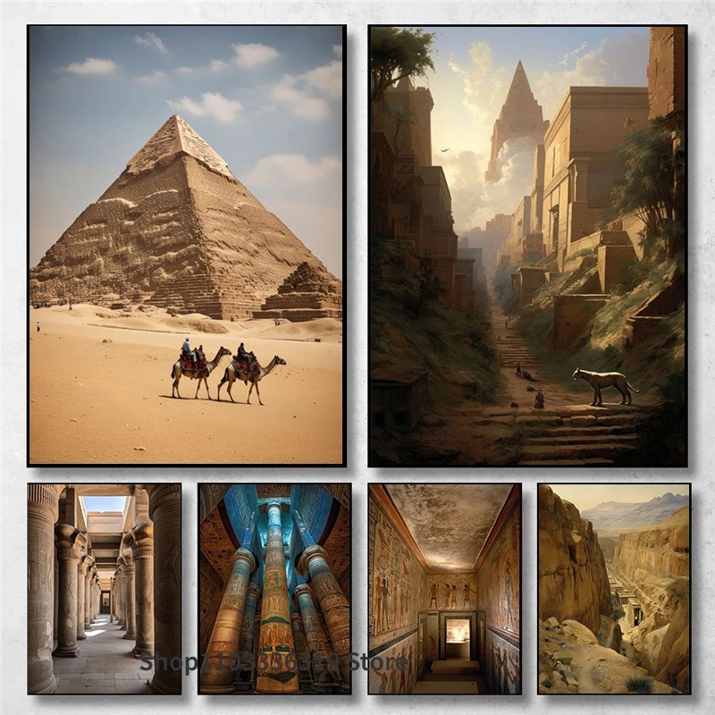 Home Decor Egypt - 古代エジプトの風景アートポスター、素晴らしい幻想的なホールの建物、キャンバスの絵画、リビングルームの壁のプリント画像、家の装飾