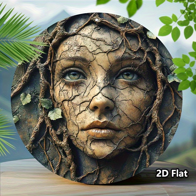 Home Decor Tree - 2Dフラット、ヴィンテージアルミニウム製丸型ウォールアート - 女性の顔と木の根のデザイン、素朴な家の庭の装飾、8インチ/20cmの吊り下げ飾り