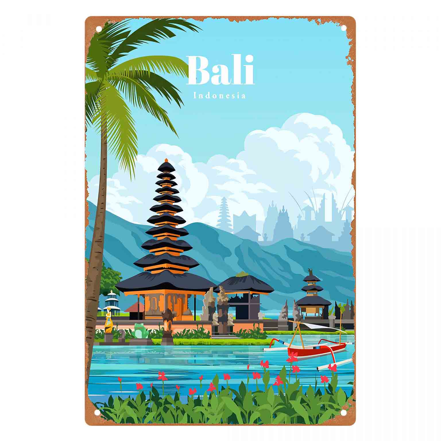 Home Decor Bali - 2Dフラット1個入り「バリ寺院の湖の眺め」メタルウォールサイン装飾、家庭、カフェ、ガレージ、寝室、ポーチ、庭用
