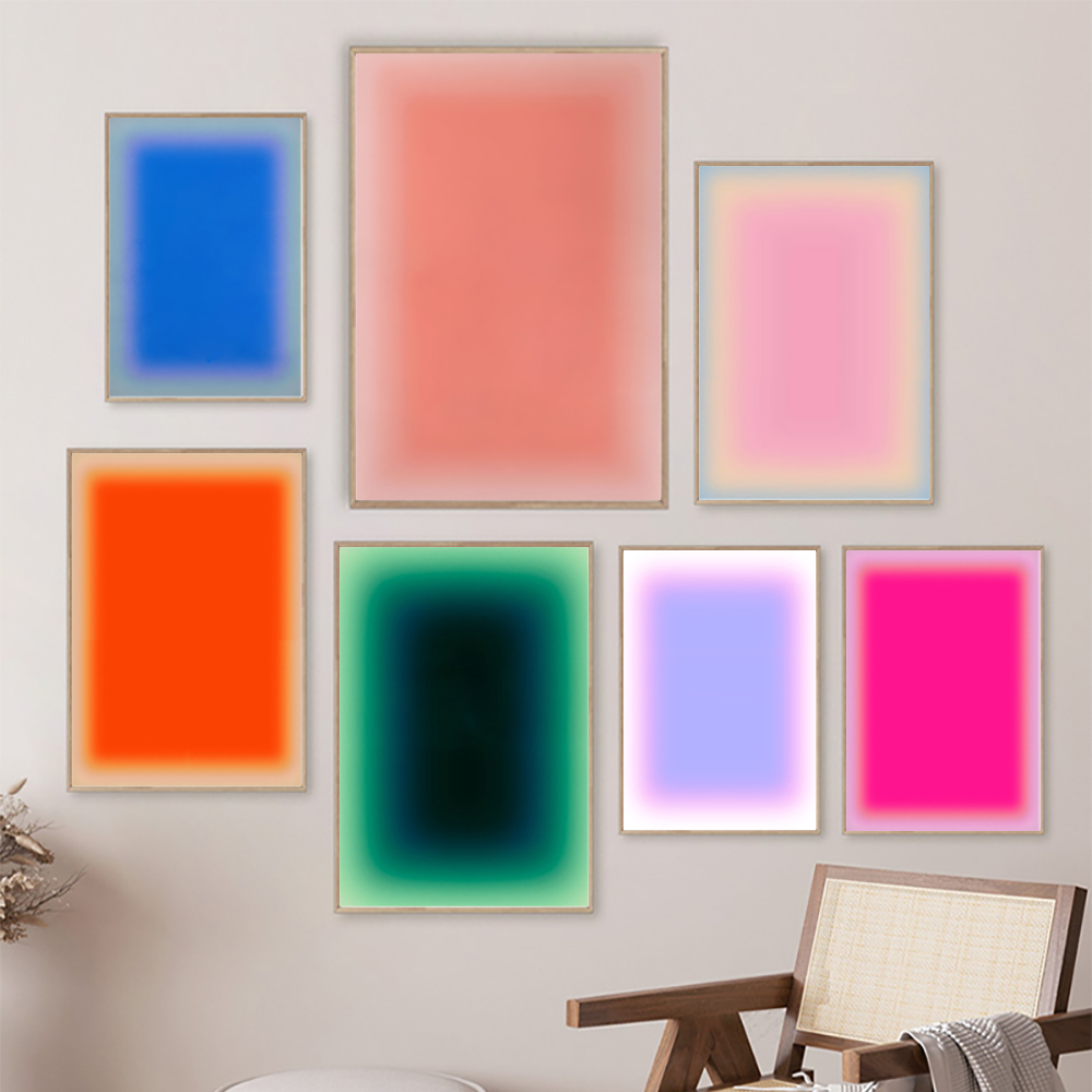 Geometric Wall Art - グラデーションアートプリントカラフルなオーラポスターパステルピンクとオレンジのオーラキャンバス絵画トレンディな壁の絵美的なルームデコ