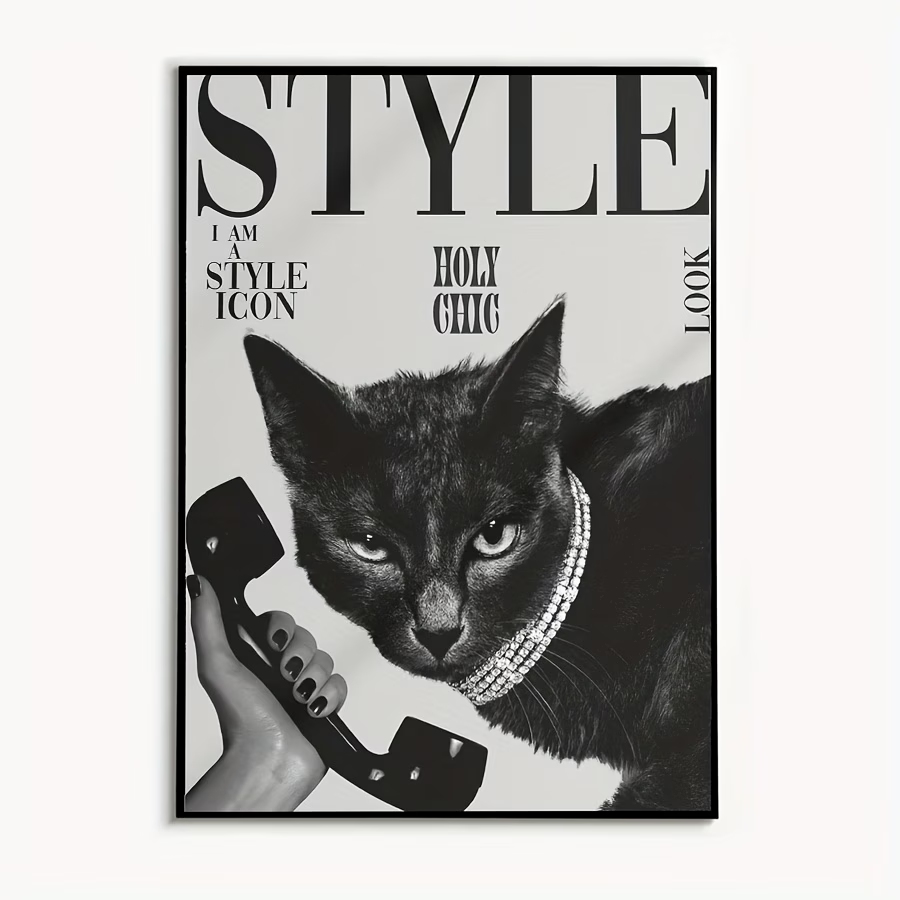 Home Decor Cat - レトロな黒猫が電話をかけたり受け取ったりするウォールアートプリントキャンバス絵画ポスター、リビングルーム、寝室の家の装飾に。