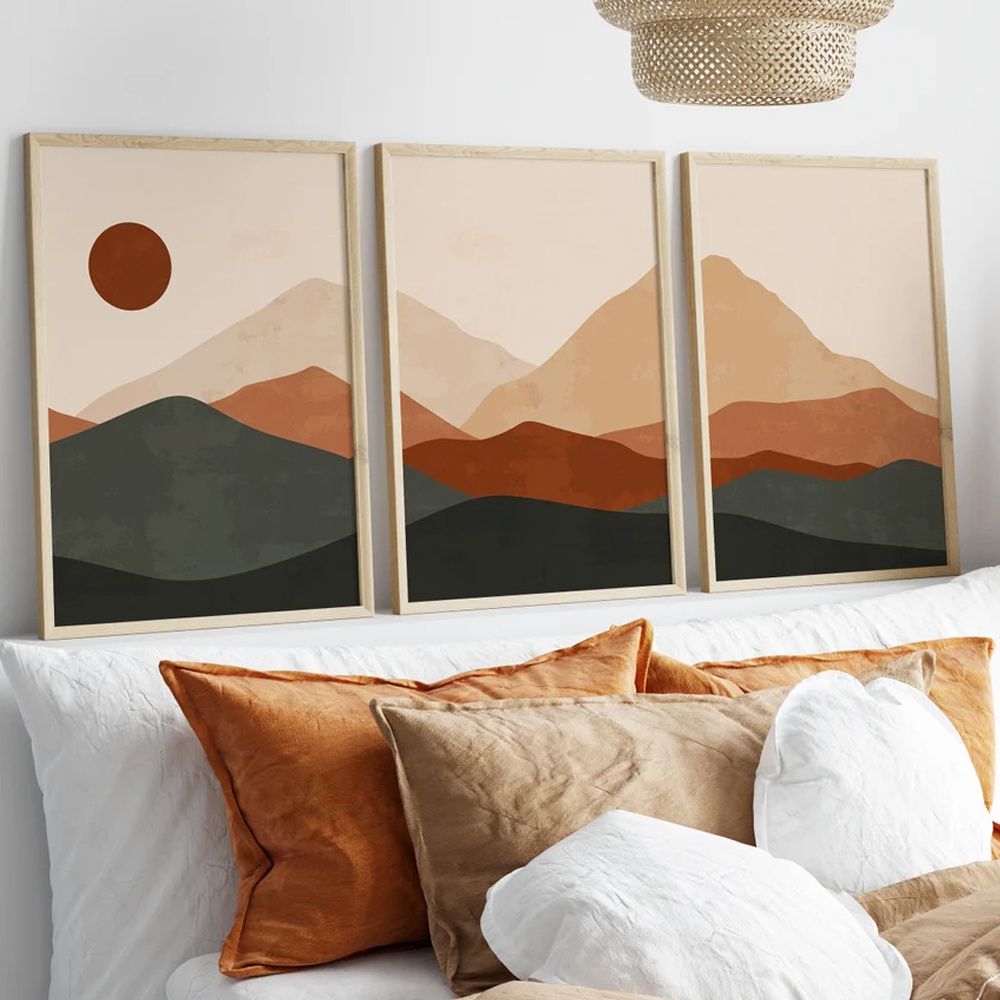 Home Decor Japandi - 3 ピース/セットボヘミアン抽象的な日の出の山の景色キャンバス印刷日本の風景壁アートポスター現代の家の装飾ギフト用