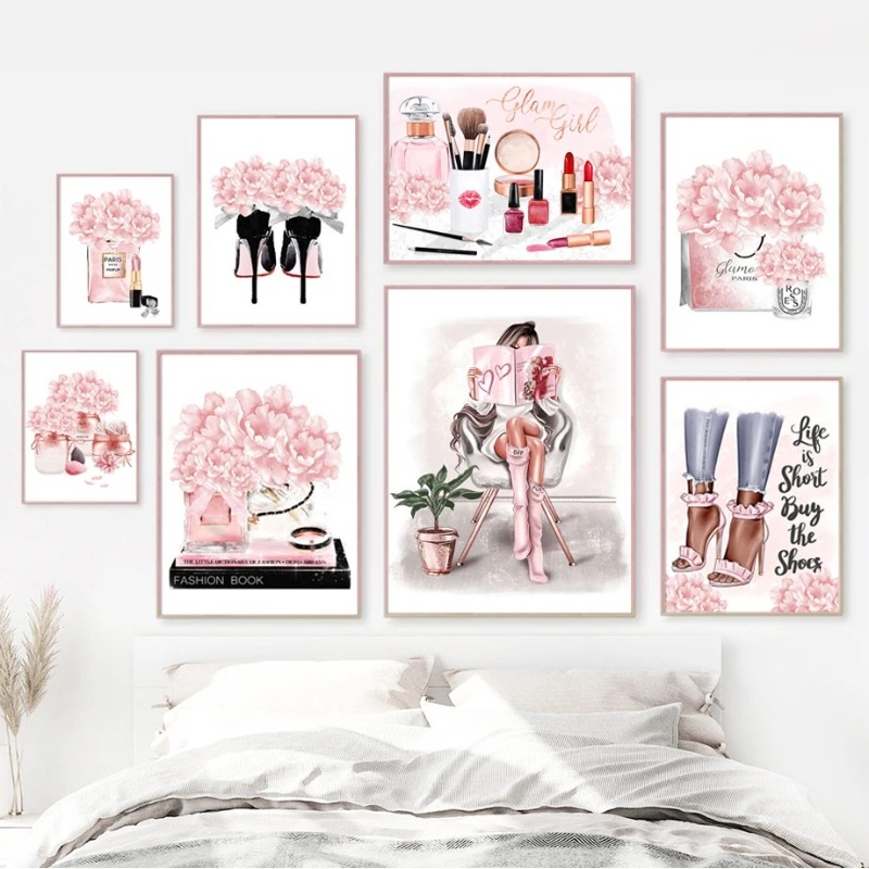 Home Decor Japandi - ピンクの花パリ香水ファッション口紅ヒールガールアートキャンバス絵画北欧ポスタープリント壁の写真リビングルームの装飾