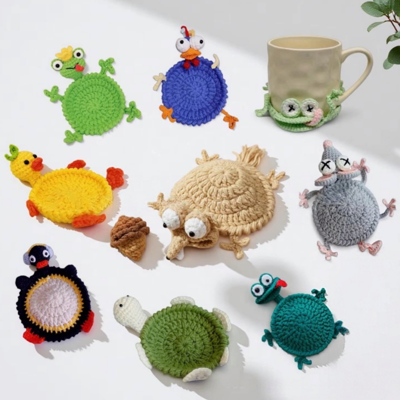 Yarn Home Decor - クリエイティブなかぎ針編みのトカゲコースター、楽しい手作りのリスアニマルカップコースター、かわいい3D DIYアニマルカップマット、デスクデコレーションギフト、ホームデコレーション