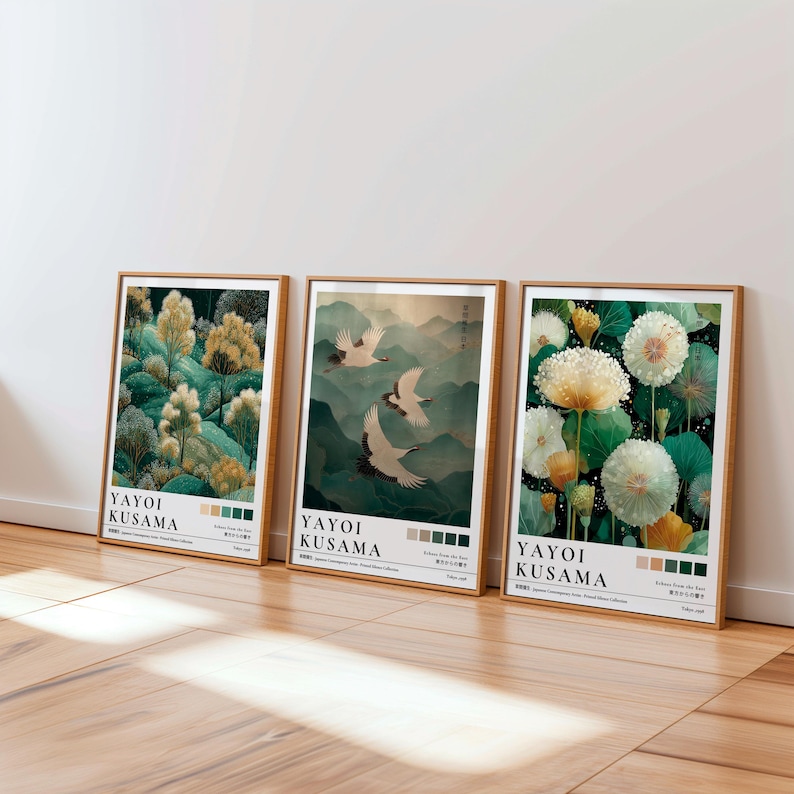 Home Decor Japandi - 1/3 個日本草間彌生タンポポキャンバスポスター鶴の森緑植物壁アートプリントモダンなリビングルームの家の装飾用
