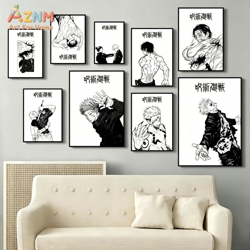Geometric Wall Art - AZNM 呪術廻戦黒白マンガキャンバス絵画優駿イタドリスカナアニメ壁アートポスターホーム寝室の装飾キャンバスプリント