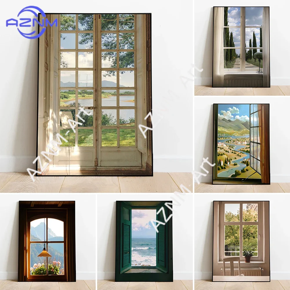 Home Decor Japandi - 緑の風景窓壁アートポスター自然ヨーロッパスタイル壁画モダンな家の装飾キャンバス写真プリントリビングルームの装飾