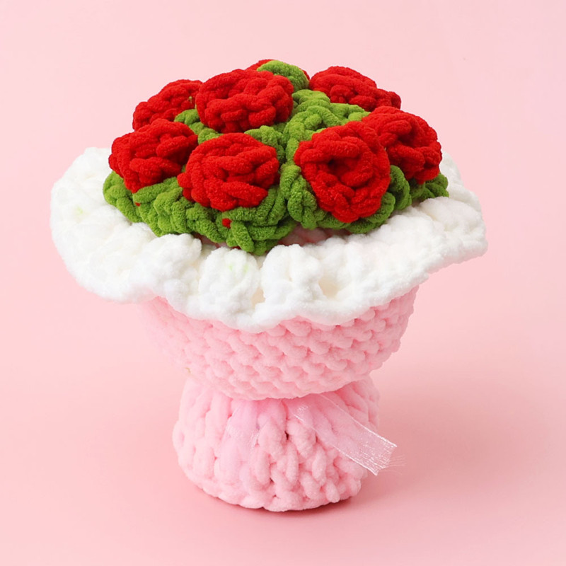 Yarn Home Decor - バレンタインデーギフトブーケ完成品手作りニット糸大輪バラブーケ針編み造花
