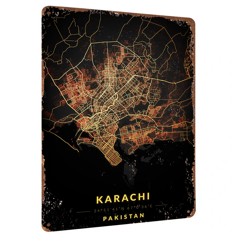 Home Decor Karachi - カラチ パキスタン都市地図 メタルウォールアート 装飾鉄絵画 ホームオフィス装飾用