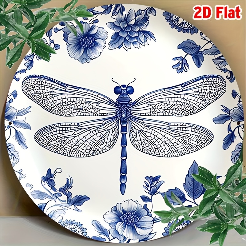 Home Decor Design Interior - 2Dフラット、[2Dフラット] 1個 ラウンドルームデコレーション 青と白の磁器トンボプレートデザイン アルミサイン -