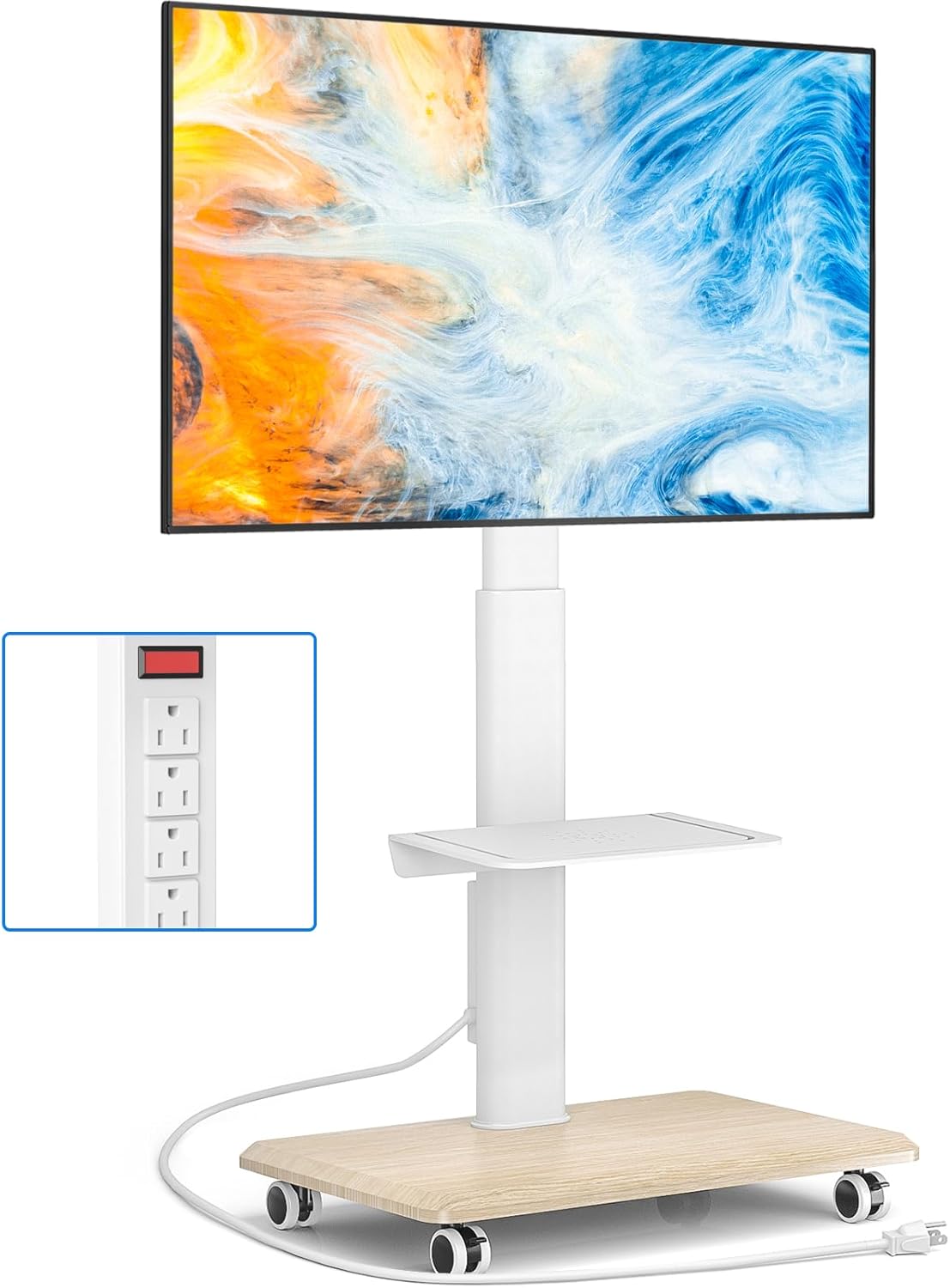 Home Decor On Wheels - スタイリッシュなキャスター付きテレビ台、電源コンセント付き、ホームデコレーション用、高さ調節可能なポータブルテレビ台（32～75インチテレビ対応）、頑丈