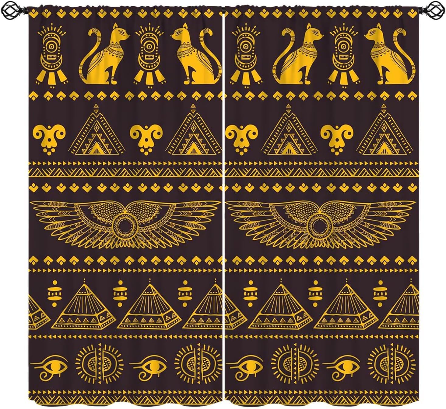 Home Decor Egypt - 神秘的な古代エジプトのカーテン、黒猫の部族、エジプトのピラミッドの歴史、ブラックゴールドのヴィンテージ装飾、ロッドポケットウィンドウトリートメント