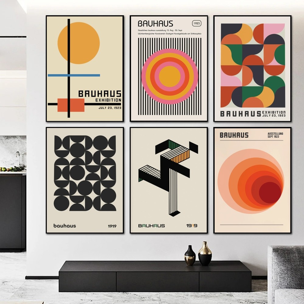 Home Decor Outside - (2D錫絵画)バウハウス幾何学展ポスター紙プリントホームベッドルームエントランスバーカフェアート絵画装飾