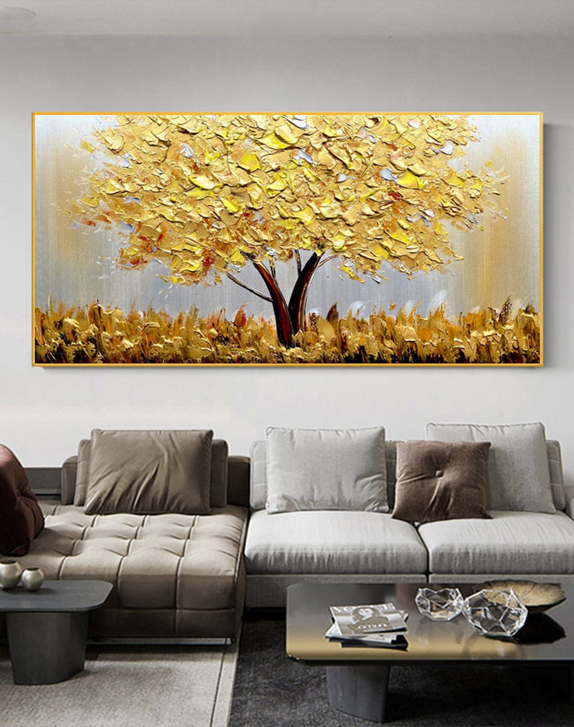 Home Decor Gold - キャンバス上の咲く金色の木 抽象的な植物 花の油絵 木の風景 壁飾り 大型ウォールアート