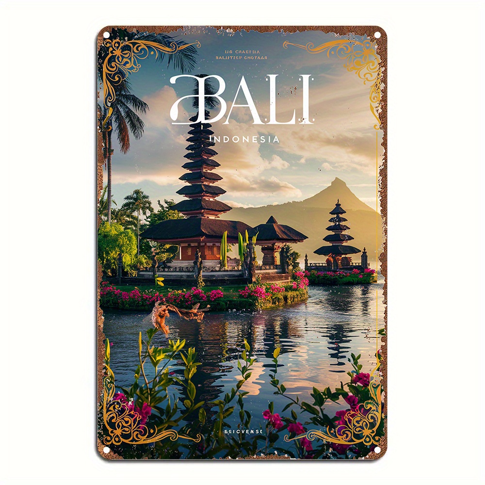 Home Decor Bali - ヴィンテージバリ島インドネシアメタルウォールアートサイン - アルミ製装飾プラーク、複雑なパゴダと花柄デザイン、簡単に掛けられる、耐久性