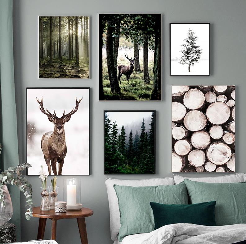 Home Decor Japandi - 冬の雪の森鹿フクロウ日光風景画北欧朝の風景家の装飾キャンバスポスターアートプリント壁絵