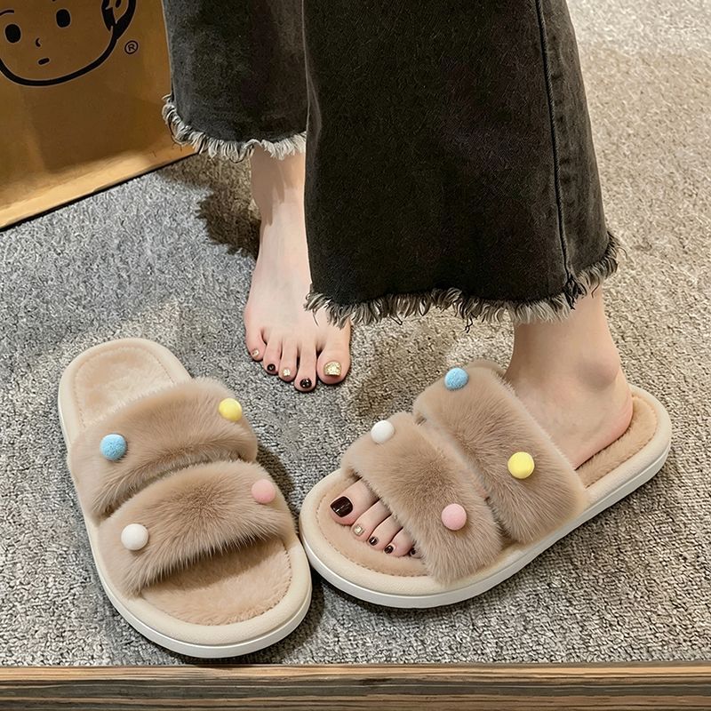 かわいい毛皮のボール装飾付き厚底室内スリッパ 女性用 冬 2 - Home Decor Outside のレビューと価格