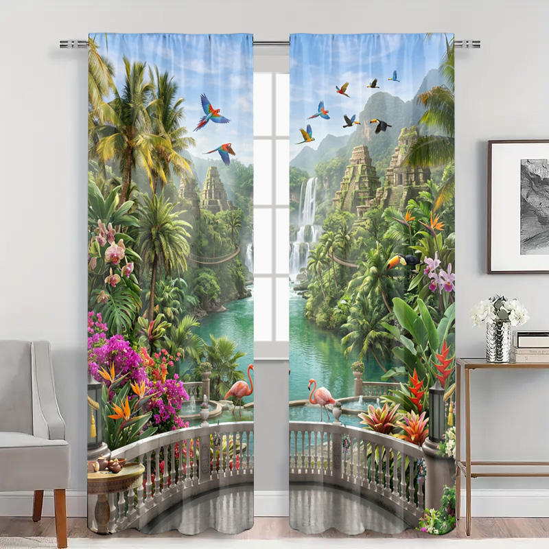 鮮やかなトロピカルジャングルの滝の風景カーテン、シアードレー - Home Decor Bali のレビューと価格