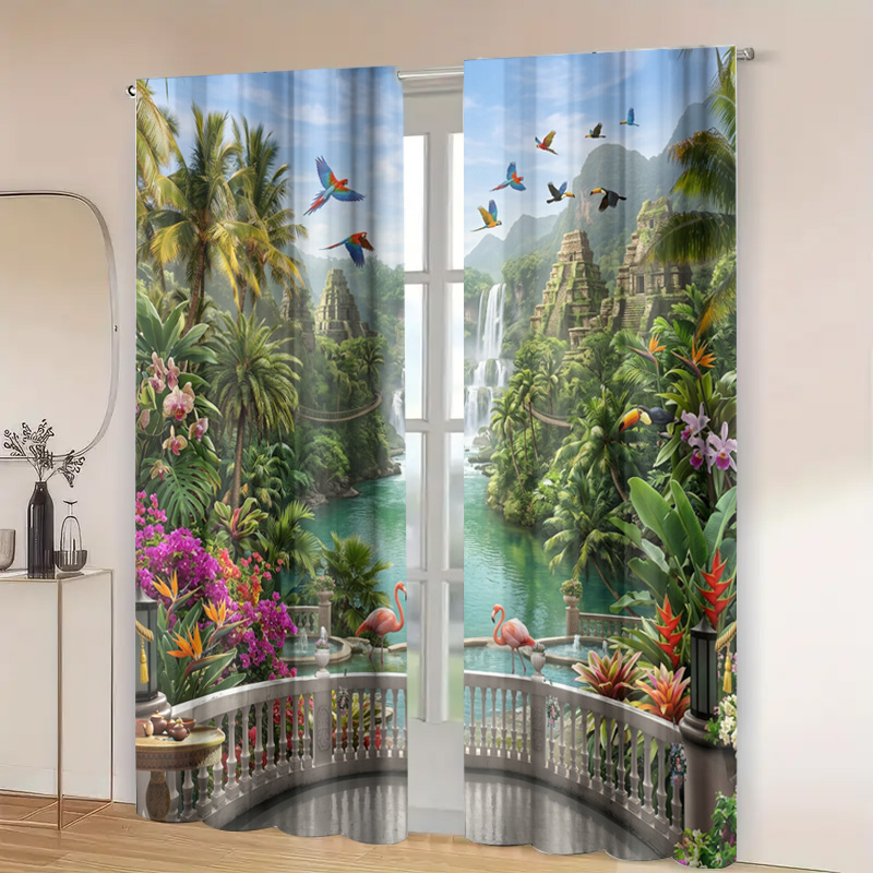 鮮やかなトロピカルジャングルの滝の風景カーテン、シアードレー - Home Decor Bali のレビューと価格