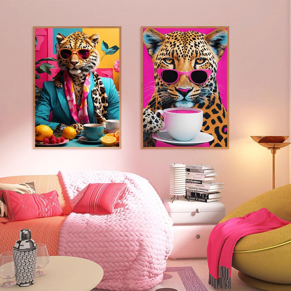 ヒョウ柄コーヒーHDウォールアートポスター カラフルな動物絵 - Home Decor Dopamine のレビューと価格