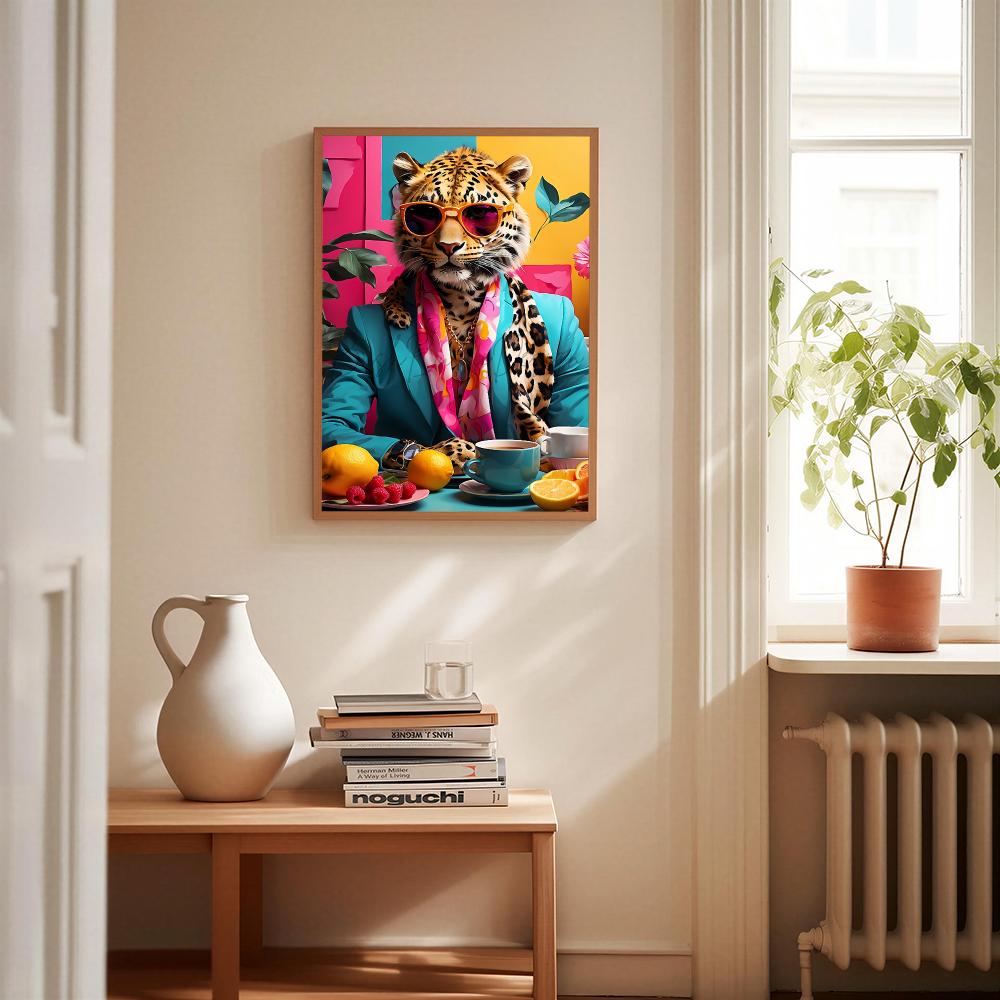 ヒョウ柄コーヒーHDウォールアートポスター カラフルな動物絵 - Home Decor Dopamine のレビューと価格