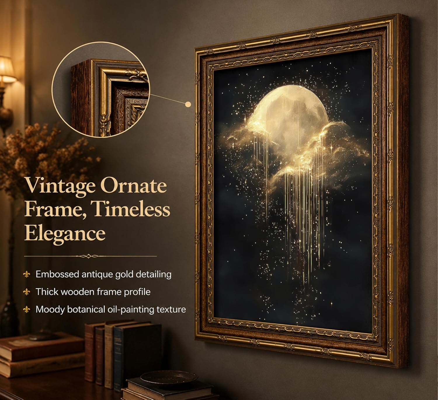 アンティークフレームの天体キャンバスウォールアート、金色の月 - Geometric Wall Art のレビューと価格