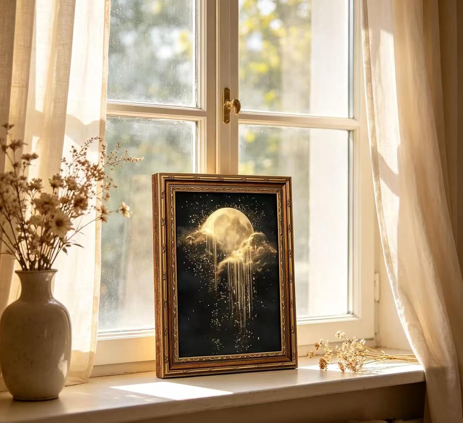 アンティークフレームの天体キャンバスウォールアート、金色の月 - Geometric Wall Art のレビューと価格