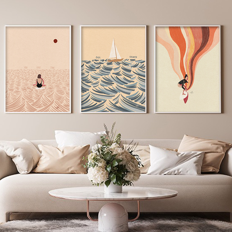 北欧ミニマリストアートサーフィンパドリング水泳海の波プリント - Home Decor Design Interior のレビューと価格