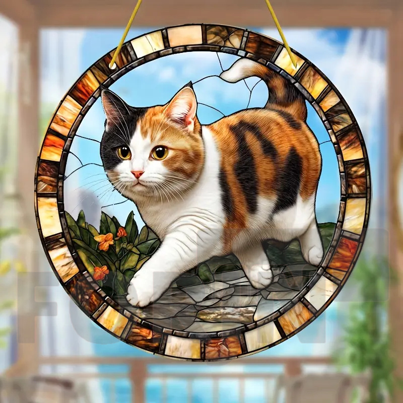 活発で素敵なペットの猫のステンドサンキャッチャー - ラウン - Home Decor Cat のレビューと価格