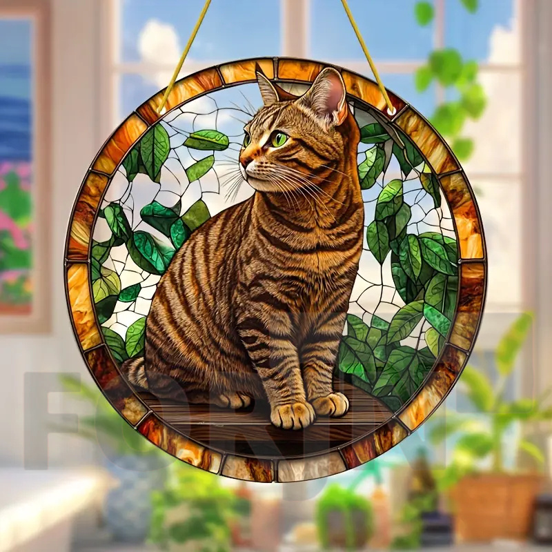 活発で素敵なペットの猫のステンドサンキャッチャー - ラウン - Home Decor Cat のレビューと価格
