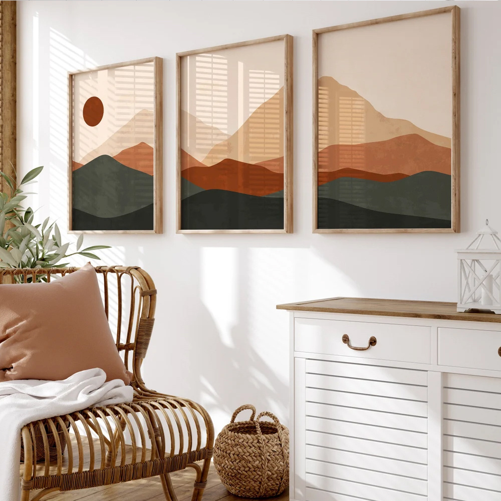 3 ピース/セットボヘミアン抽象的な日の出の山の景色キャンバ - Home Decor Japandi のレビューと価格