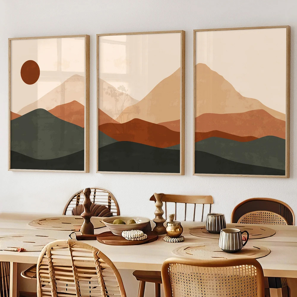 3 ピース/セットボヘミアン抽象的な日の出の山の景色キャンバ - Home Decor Japandi のレビューと価格