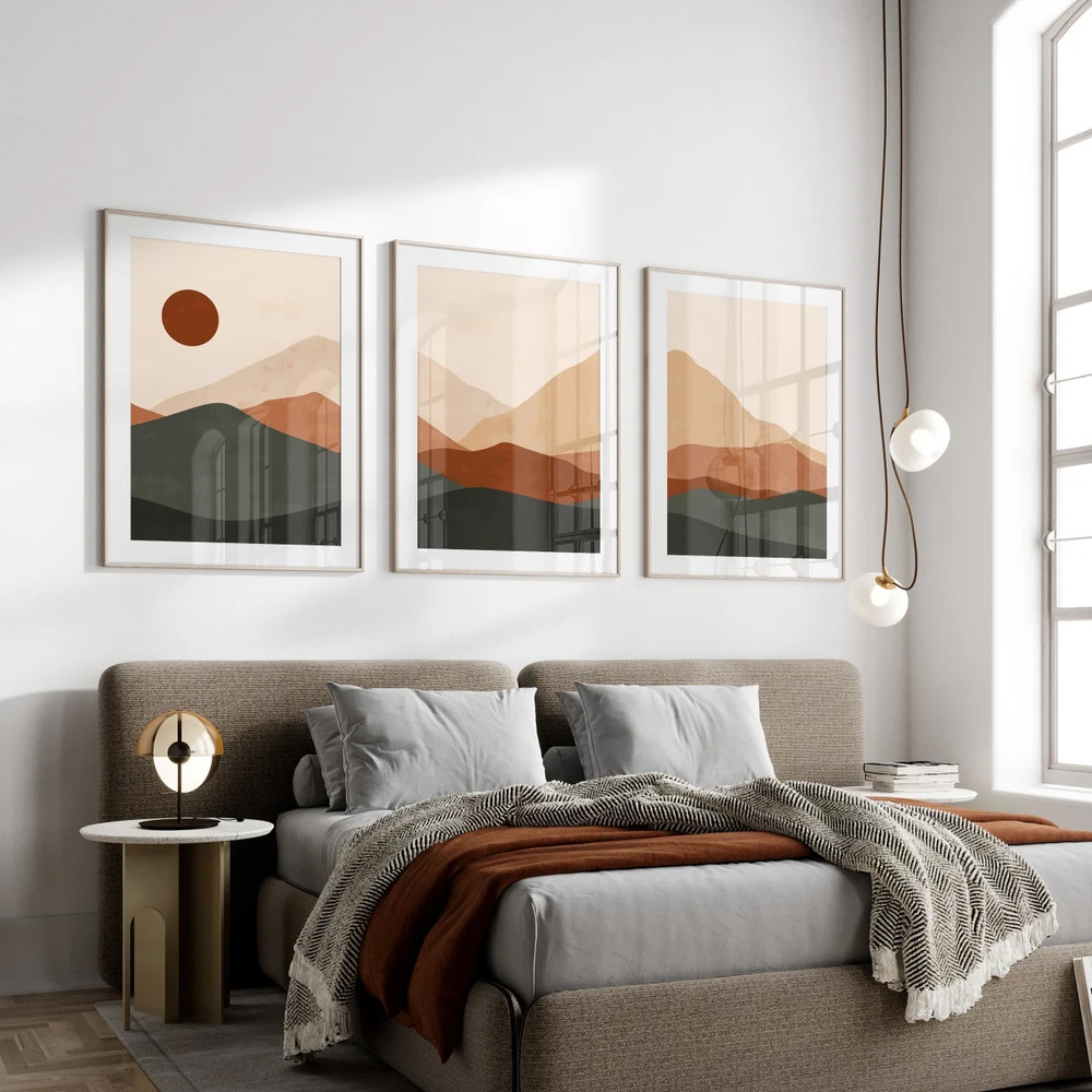 3 ピース/セットボヘミアン抽象的な日の出の山の景色キャンバ - Home Decor Japandi のレビューと価格