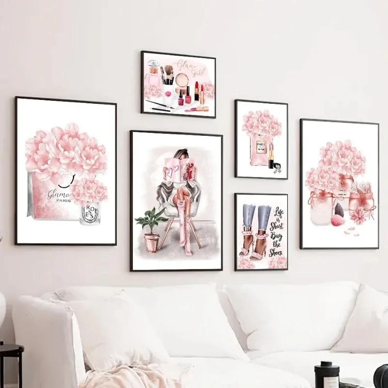 ピンクの花パリ香水ファッション口紅ヒールガールアートキャンバ - Home Decor Japandi のレビューと価格
