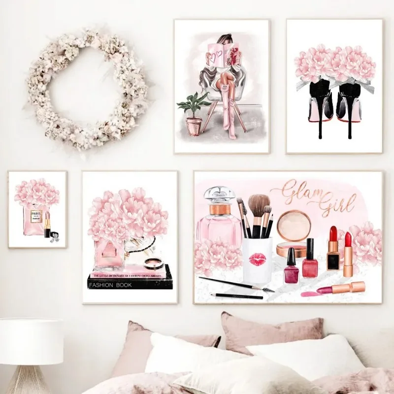 ピンクの花パリ香水ファッション口紅ヒールガールアートキャンバ - Home Decor Japandi のレビューと価格