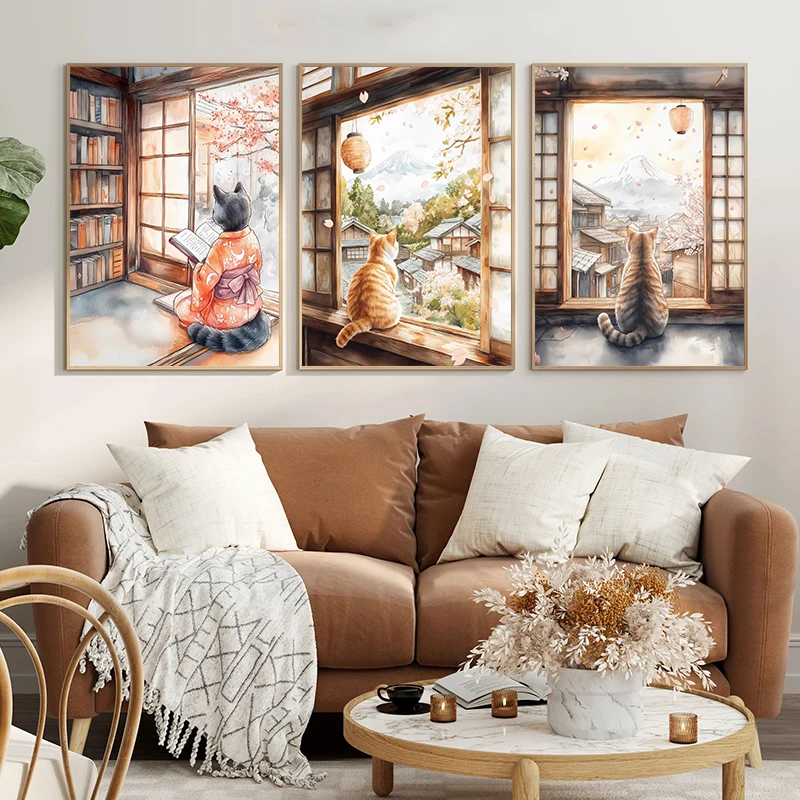 日本の黒猫が月を浴びる招き猫漫画イラストレトロポスターキャン - Home Decor Japandi のレビューと価格
