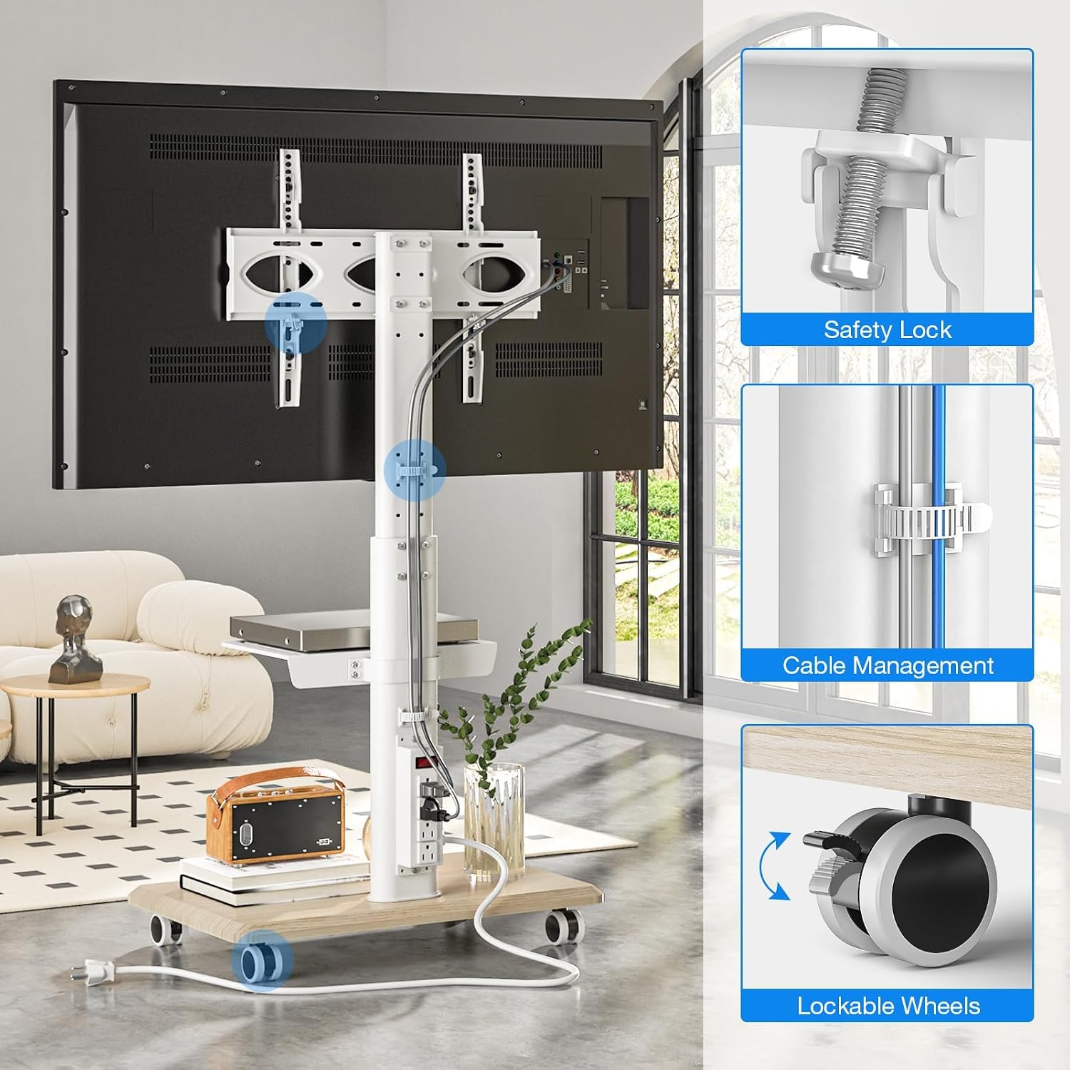 スタイリッシュなキャスター付きテレビ台、電源コンセント付き、 - Home Decor On Wheels のレビューと価格