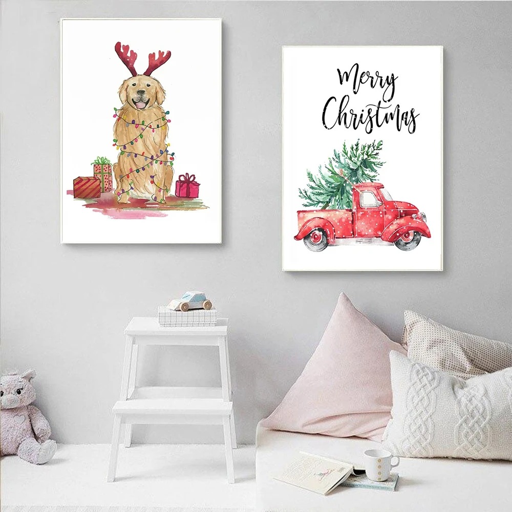 漫画クリスマスホリデーツリーソックス雪だるま車犬ウォールアー - Geometric Wall Art のレビューと価格