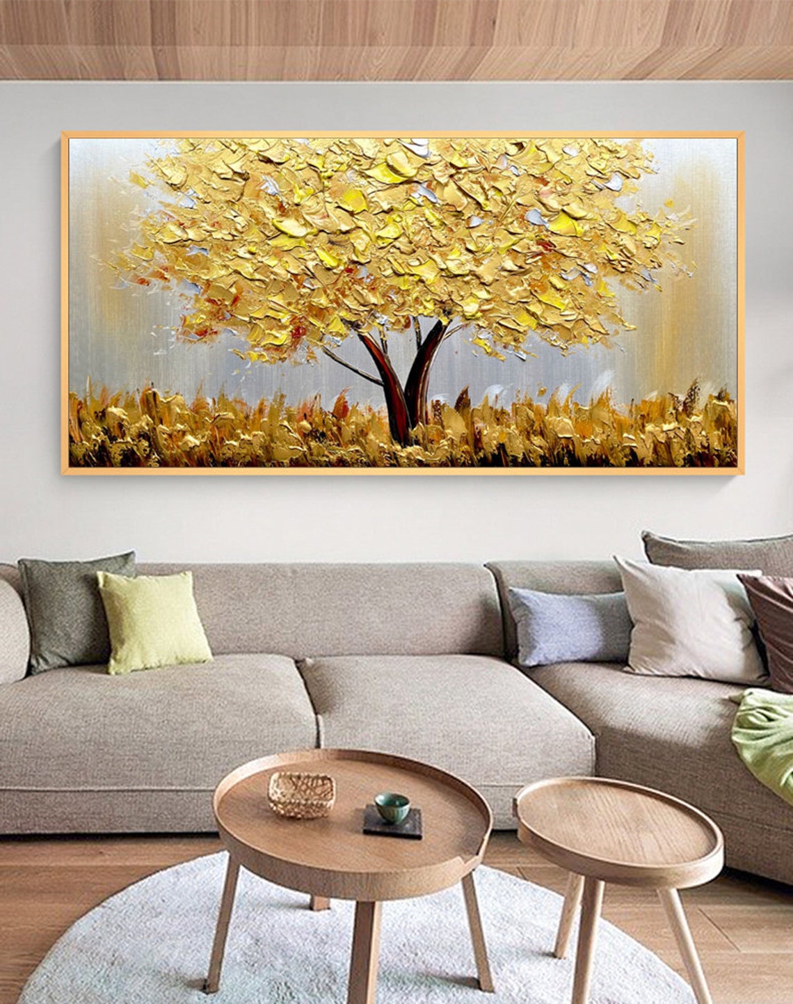 キャンバス上の咲く金色の木 抽象的な植物 花の油絵 木の風景 - Home Decor Gold のレビューと価格
